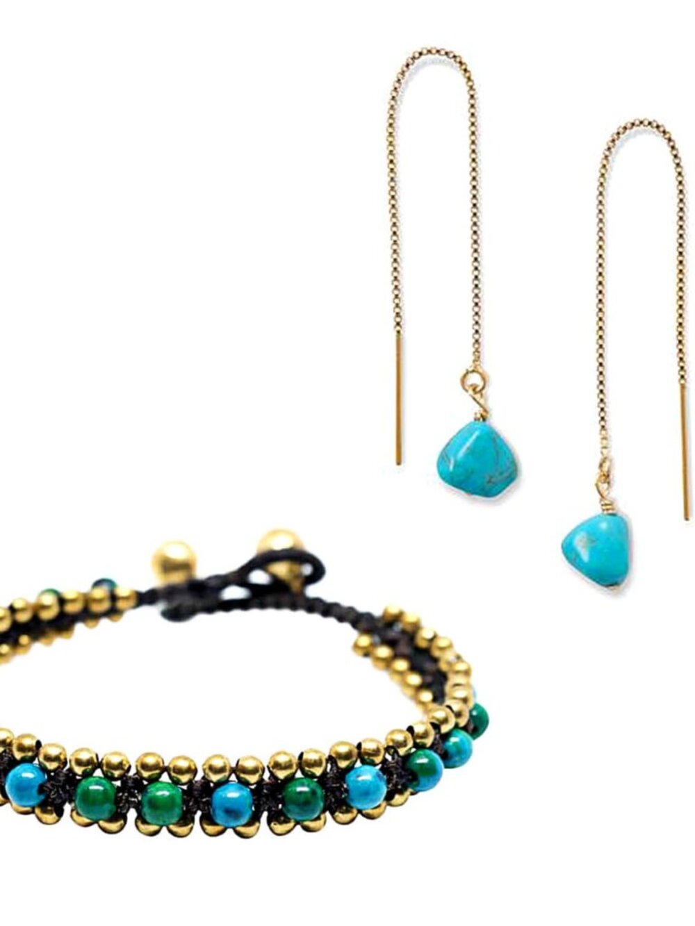 Handcrafted Brass Bead Bracelet & Turquoise Bead Threader Earrings